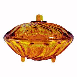 Vintage Beautiful & Vibrant Footed Amber Glass Swirled Dish/Bowl with Lid